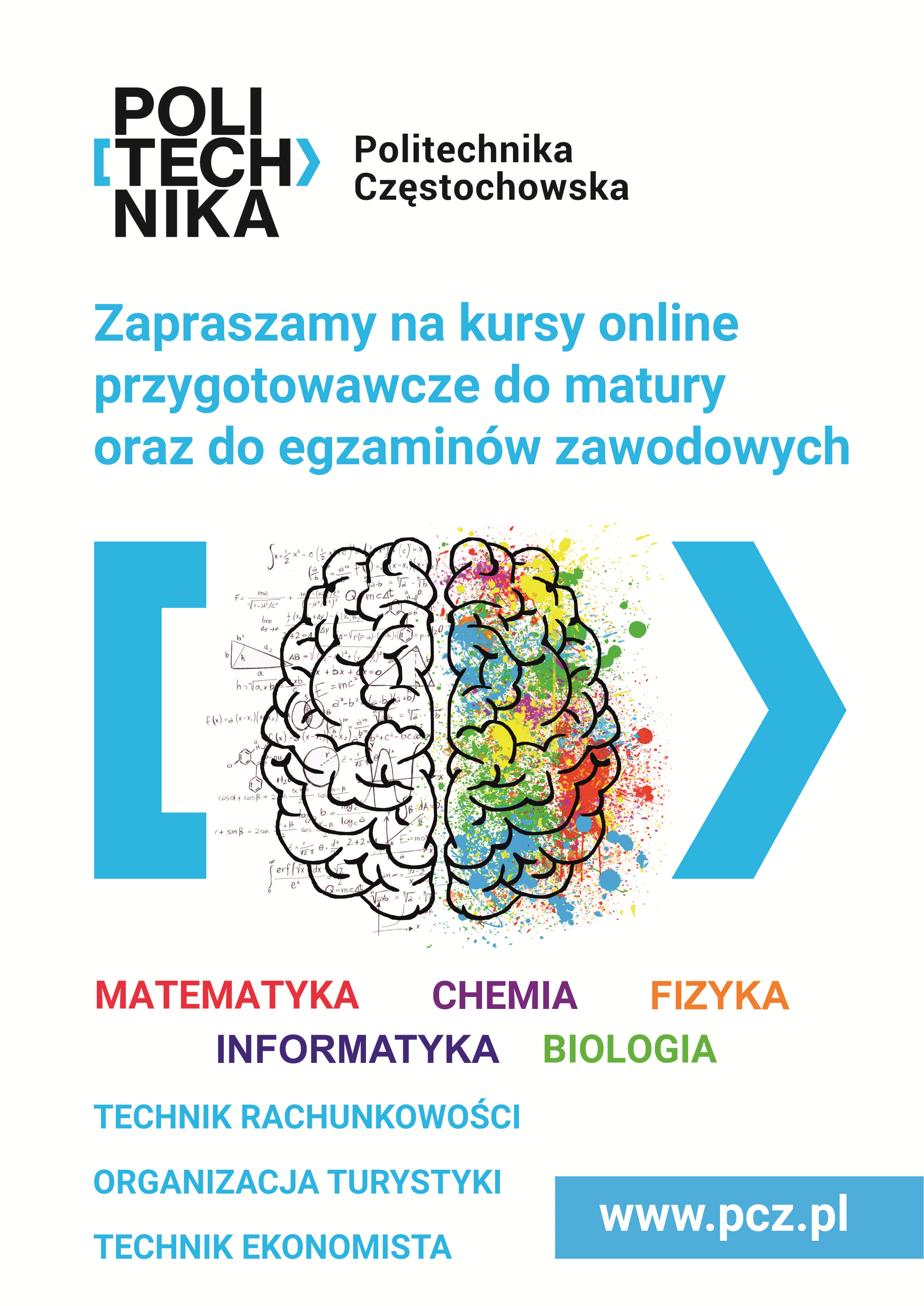 zdjęcie przedstawia plakat informacyjny ilogo kursów dla maturzystów. Logo to mózg w kolorowych barwach.