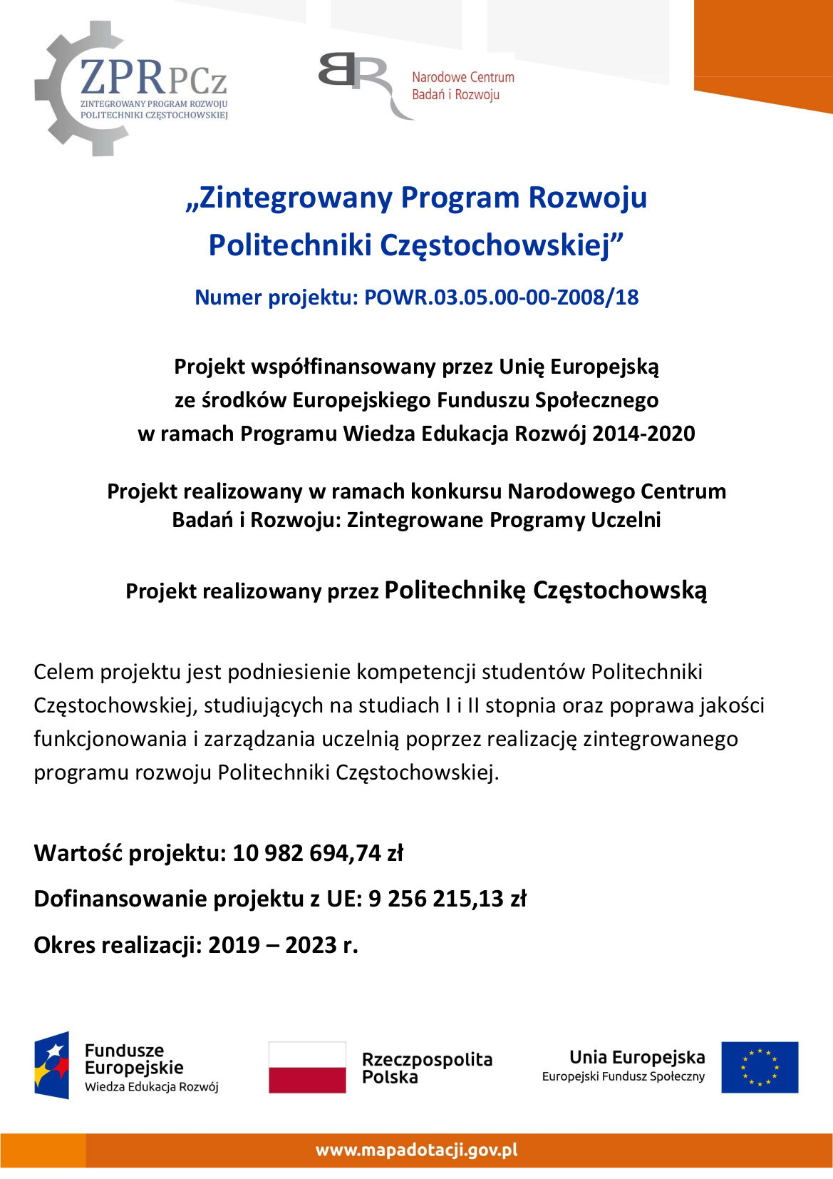 Zdjęcie przedstawia plakat informacyjny na temat projektu unijnego Zintegrowany Program Rozwoju Politechniki Częstochowskiej