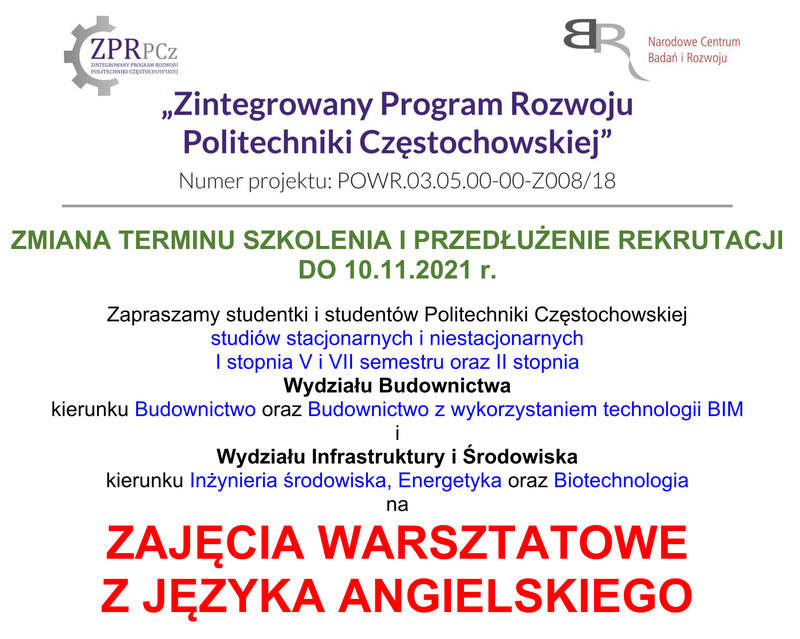 Ogłoszenie o rozpoczęciu rekrutacji na warsztaty z języka angielskiego na Wydziale Budownictwa