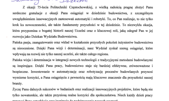 List gratulacyjny i podziękowania od Prezesa Spółdzielni Mieszkaniowej Północ 