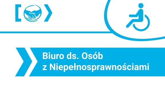 logo biura ds osób z niepełnosprawnościami: symbol osoby na wózku i symbol uściśniętych dłoni