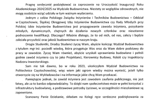 List gratulacyjny i podziękowania od Przewodniczącego PZiTB