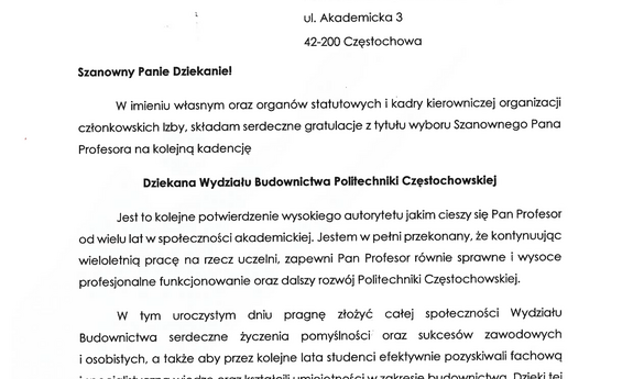 List gratulacyjny i podziękowania od prezydenta Śląskiej Izby Budownictwa 